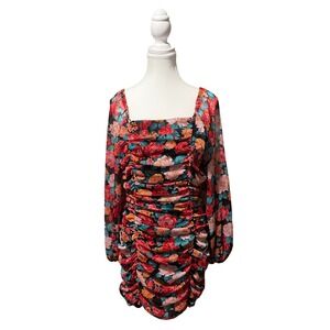 Floral Ruched Mini Dress Bodycon Romantic Coquette Peach Love Size M
